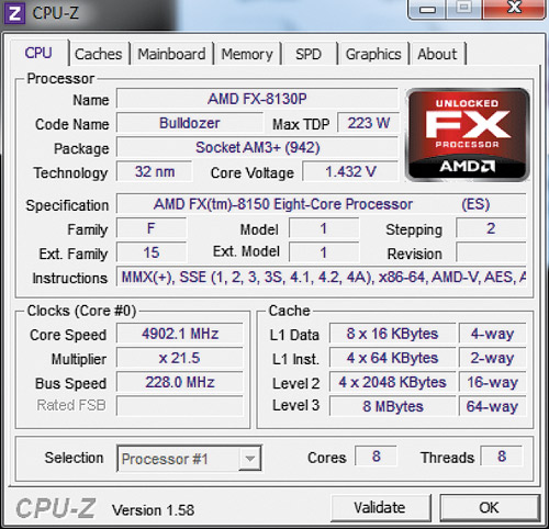 При таком сочетании частоты шины и множителя AMD FX-8150 еще стабилен 